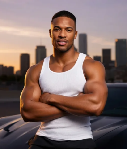 Fictional adult male AI character in a city setting
